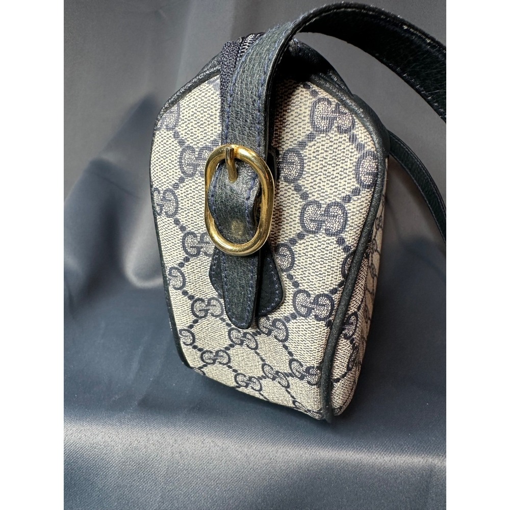 Gucci Vintage GG Supreme Monogram Crossbody Bag Navy Blue Leather Trim Italy - Picture 12 of 16